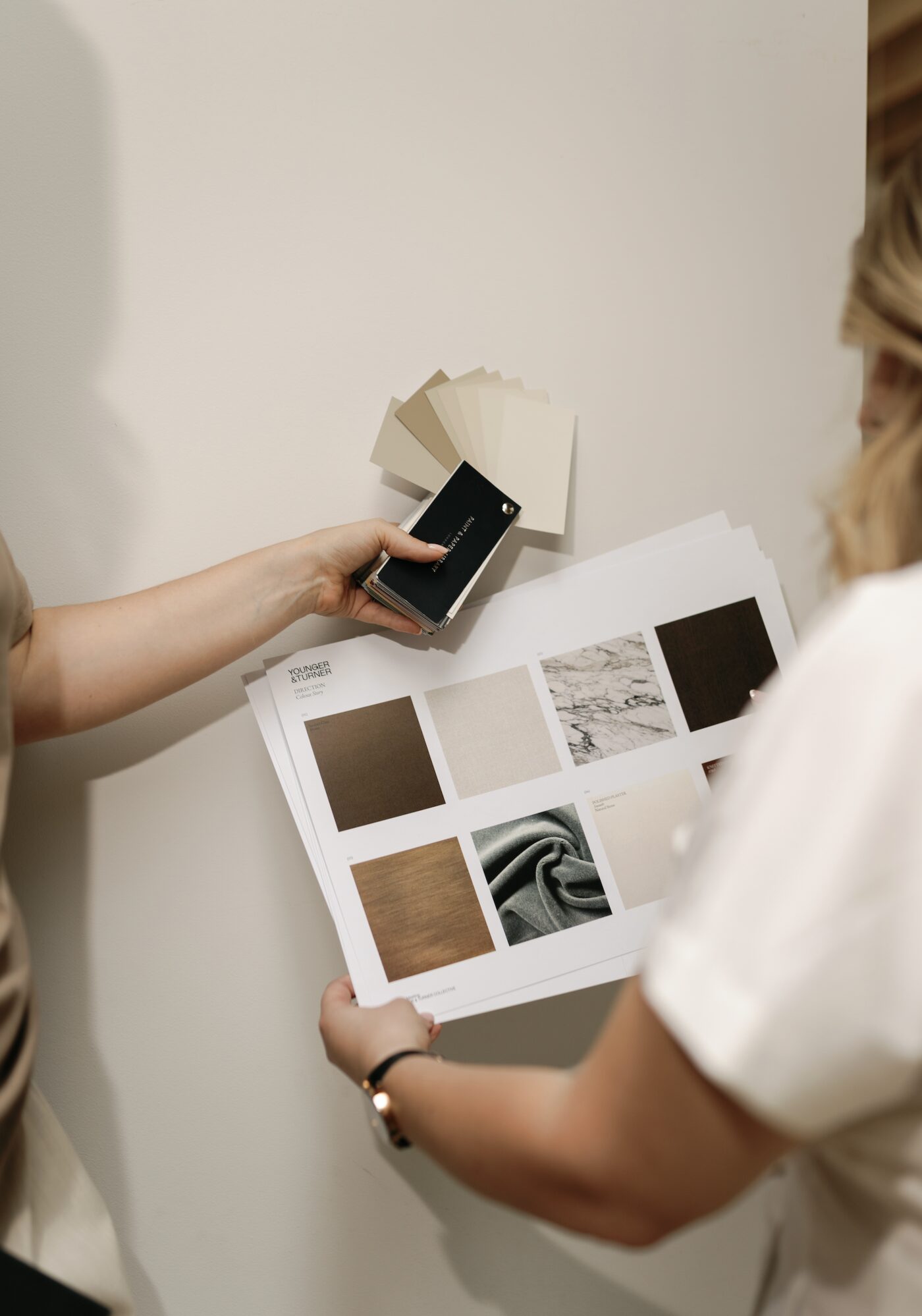 Selecting paint, plaster and fabric samples for a project colour story