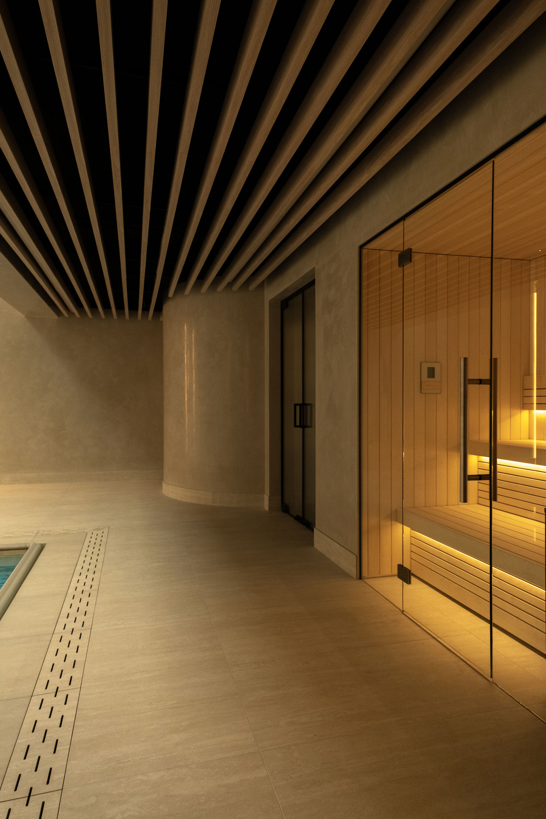 Lower ground spa with pool, slatted oak ceiling and glazed sauna