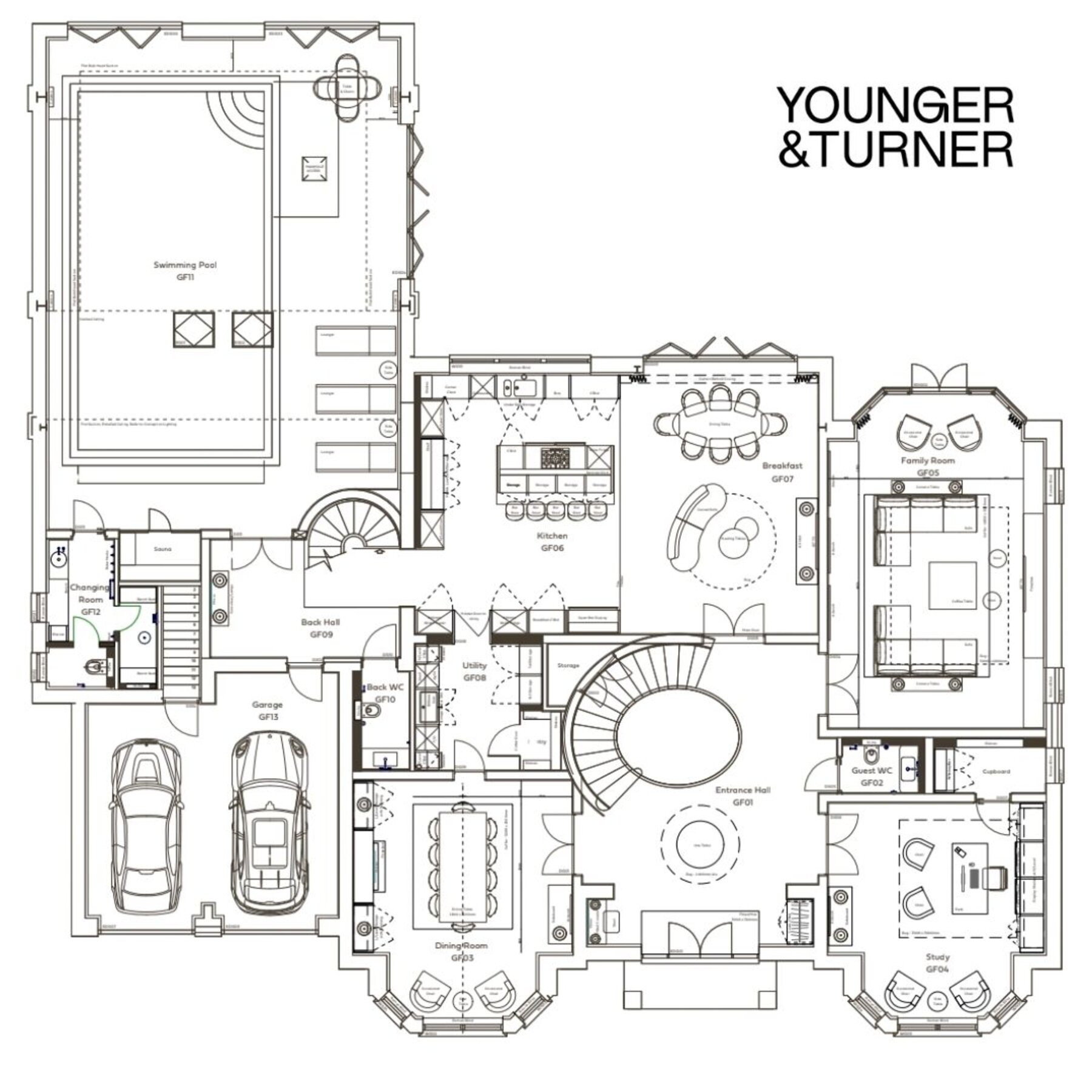 Ground floor plan of the Private Estate, London residence, showing entrance hall, kitchen, family room, dining, study, garage and swimming pool